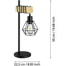 Stolní lampa z černého kovu s dřevěným detailem a geometrickým drátěným stínidlem, výška 50 centimetrů, šířka 22,5 centimetrů.