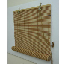 Bambusová roleta s horizontálními lamelami, stahovací šňůrkou a montážními háčky.