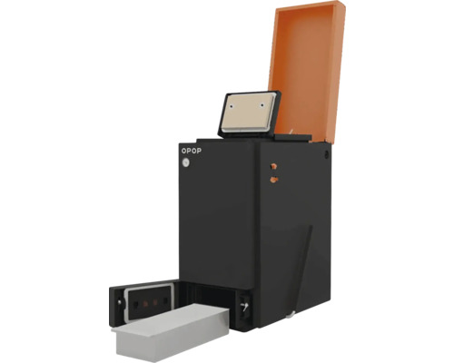 Kotel na tuhá paliva OPOP s otevřeným víkem a vytaženým popelníkem.