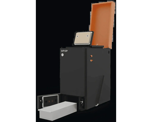 Kotel na pevná paliva OPOP s otevřeným víkem a vytaženým popelníkem.