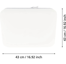 Čtvercové stropní svítidlo se zaoblenými rohy, rozměry 43 krát 43 centimetrů.