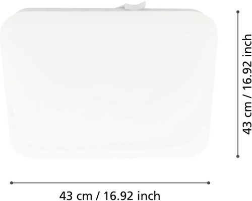 Čtvercové stropní svítidlo se zaoblenými rohy, rozměry 43 krát 43 centimetrů.