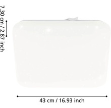 Čtvercové bílé stropní LED svítidlo s efektem hvězdné oblohy, rozměry 43 centimetrů na šířku a 7,30 centimetrů na výšku.