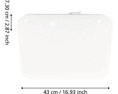 Čtvercové bílé stropní LED svítidlo s efektem hvězdné oblohy, rozměry 43 centimetrů na šířku a 7,30 centimetrů na výšku.