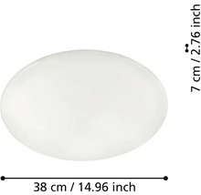 Bílé kulaté stropní svítidlo s průměrem 38 centimetrů a výškou 7 centimetrů.