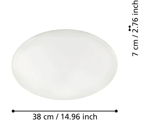Bílé kulaté stropní svítidlo s průměrem 38 centimetrů a výškou 7 centimetrů.