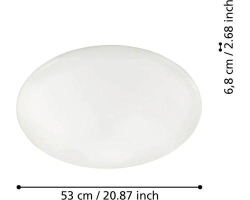 Kulaté bílé stropní svítidlo o rozměrech 53 centimetrů v průměru a 6,8 centimetrů na výšku.