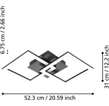 Moderní LED stropní svítidlo se dvěma propojenými čtverci: šířka 52,3 centimetrů, hloubka 31 centimetrů, výška 6,75 centimetrů.