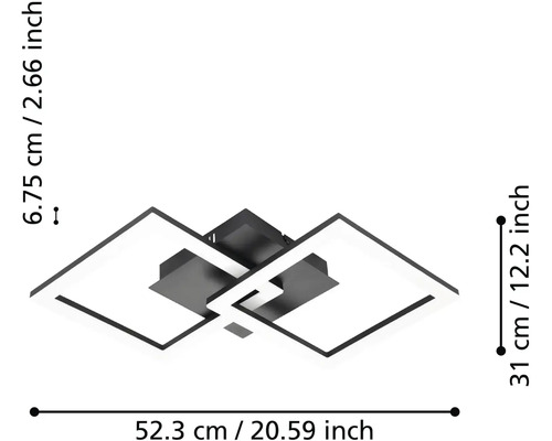 Moderní LED stropní svítidlo se dvěma propojenými čtverci: šířka 52,3 centimetrů, hloubka 31 centimetrů, výška 6,75 centimetrů.