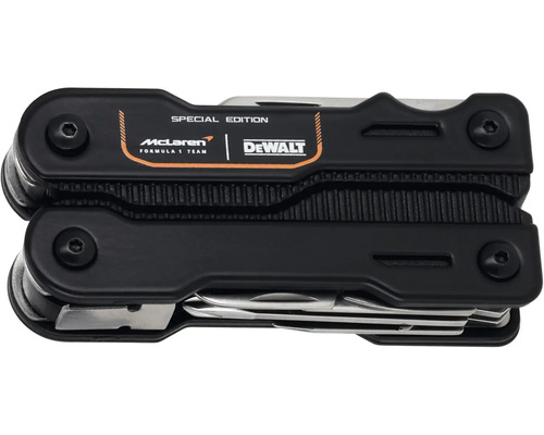 Multifunkční nářadí DeWALT McLaren Special Edition v černé barvě, složené, s viditelnými nerezovými nástroji.
