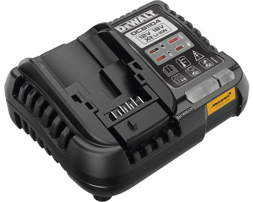 Nabíječka akumulátorů DeWalt DCB1104 pro 12 Volt a 18 Volt XR Lithium-iontové akumulátory s indikací nabití a McLaren Logo.