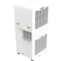 Mobilní klimatizace v bílé barvě s ventilačními mřížkami, držáky kabelu, horním ovládacím panelem a kolečky.