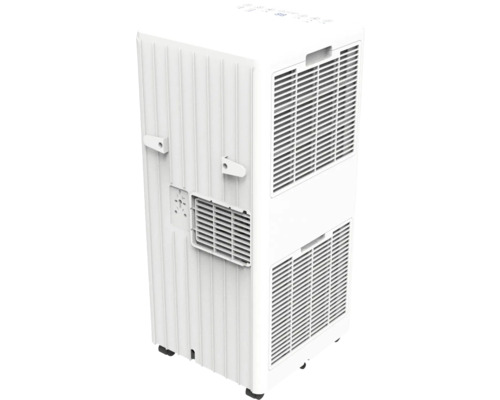 Mobilní klimatizace v bílé barvě s ventilačními mřížkami, držáky kabelu, horním ovládacím panelem a kolečky.