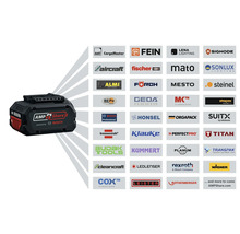 Akumulátor Bosch AMPShare 18 Volt s logy partnerů jako FEIN, fischer a brennenstuhl, které ilustrují kompatibilitu systému.