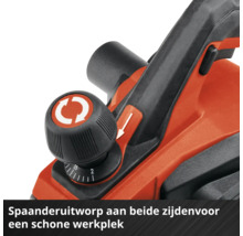 Detail elektrického hoblíku s knoflíkem pro nastavení hloubky a přepínačem pro oboustranný výhoz třísek.