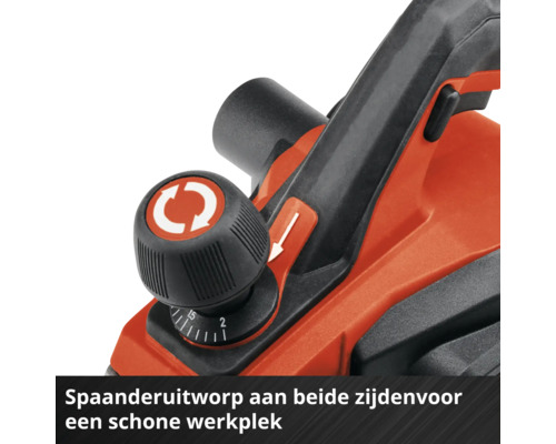 Detail elektrického hoblíku s knoflíkem pro nastavení hloubky a přepínačem pro oboustranný výhoz třísek.