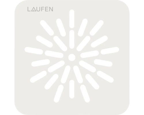 Logo Laufen a čtvercový kryt odtoku s paprskovitě uspořádanými štěrbinami.