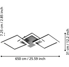 Moderní LED stropní svítidlo se třemi čtvercovými prvky, rozměry 65 centimetrů délka, 31 centimetrů šířka a 7,25 centimetrů výška.