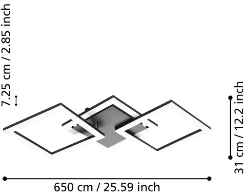 Moderní LED stropní svítidlo se třemi čtvercovými prvky, rozměry 65 centimetrů délka, 31 centimetrů šířka a 7,25 centimetrů výška.