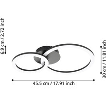 LED stropní svítidlo se dvěma kruhy, rozměry 45,5 centimetrů šířka, 30 centimetrů hloubka a 6,9 centimetrů výška.