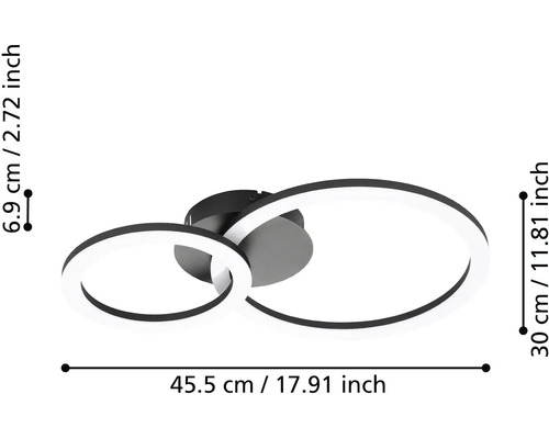 LED stropní svítidlo se dvěma kruhy, rozměry 45,5 centimetrů šířka, 30 centimetrů hloubka a 6,9 centimetrů výška.