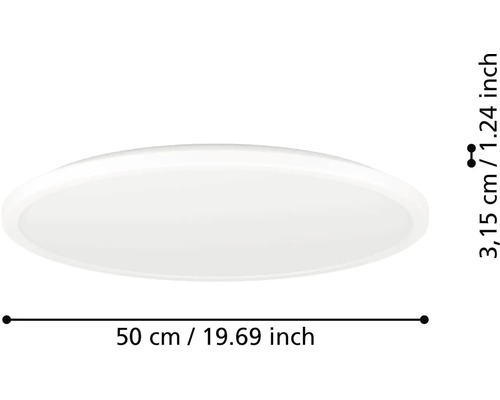 Bílé ploché kulaté LED stropní svítidlo s průměrem 50 centimetrů a výškou 3,15 centimetru.