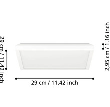 Bílé čtvercové LED stropní svítidlo s rozměry 29 krát 29 centimetrů a výškou 2,95 centimetru.