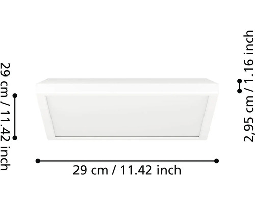 Bílé čtvercové LED stropní svítidlo s rozměry 29 krát 29 centimetrů a výškou 2,95 centimetru.