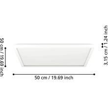 Bílý čtvercový LED panel s vyznačenými rozměry 50 centimetrů krát 50 centimetrů a výškou 3,15 centimetru.