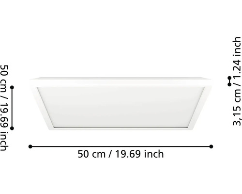 Bílý čtvercový LED panel s vyznačenými rozměry 50 centimetrů krát 50 centimetrů a výškou 3,15 centimetru.