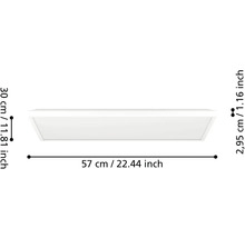 LED panel plochý obdélníkový o rozměrech délka 57 centimetrů, šířka 30 centimetrů a výška 2,95 centimetrů.