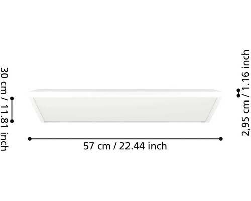 LED panel plochý obdélníkový o rozměrech délka 57 centimetrů, šířka 30 centimetrů a výška 2,95 centimetrů.