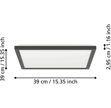 Čtvercové stropní LED svítidlo s antracitovým rámem. Rozměry: šířka 39 centimetrů, délka 39 centimetrů, výška 2,95 centimetrů.