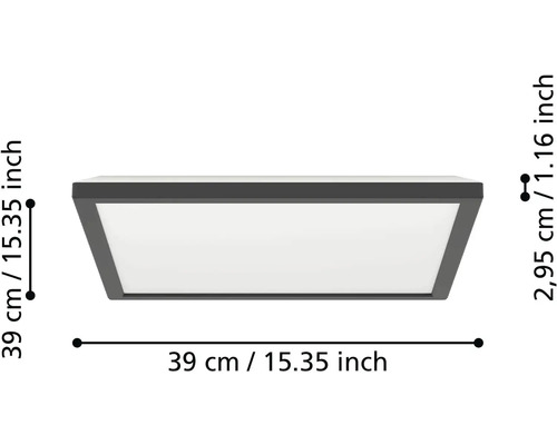 Čtvercové stropní LED svítidlo s antracitovým rámem. Rozměry: šířka 39 centimetrů, délka 39 centimetrů, výška 2,95 centimetrů.