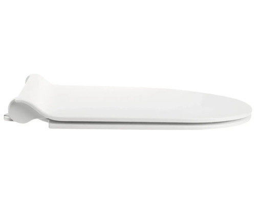 Ploché toaletní sedátko s víkem v bílé barvě z plastu, boční pohled.