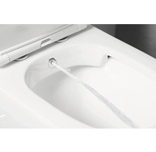 Sprchovací toaletní sedátko s vysunutou čisticí tryskou a aktivním proudem vody.