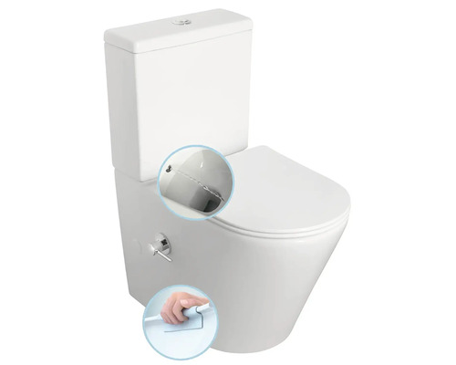 Stojící sprchovací WC z bílé keramiky se splachovací nádržkou, boční pákou a detaily bidetové funkce a vyjmutí sedátka.