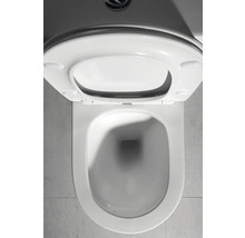 Závěsné WC bez oplachového okruhu s otevřeným sedátkem a víkem, pohled shora.