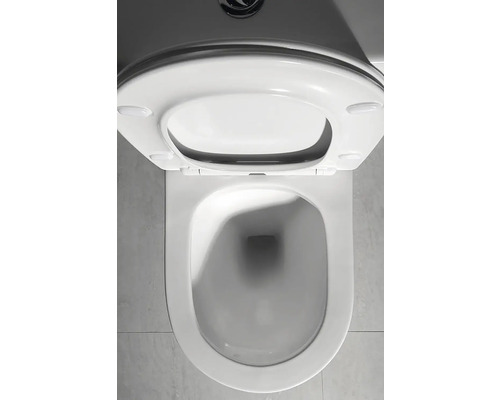 Závěsné WC bez oplachového okruhu s otevřeným sedátkem a víkem, pohled shora.