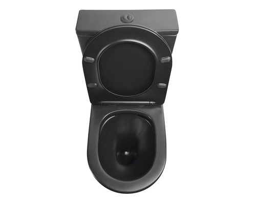 Černé stojící WC s nádržkou a otevřeným sedátkem