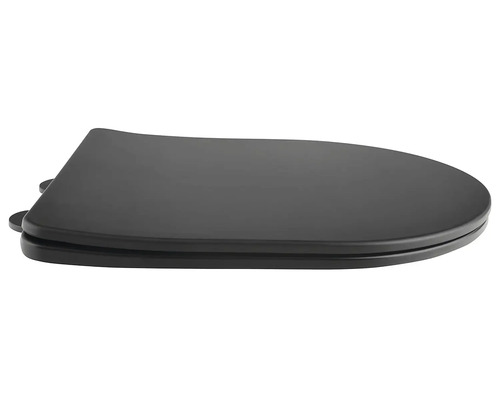 Černé WC sedátko v plochém provedení s víkem.