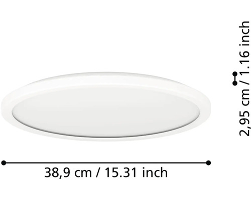 Kulatý LED panel s rozměry: průměr 38,9 centimetrů a výška 2,95 centimetrů.