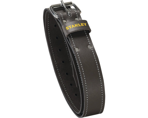 Tmavý kožený pracovní opasek Stanley s dvojitou kovovou sponou, bílým prošíváním a Stanley Logo.