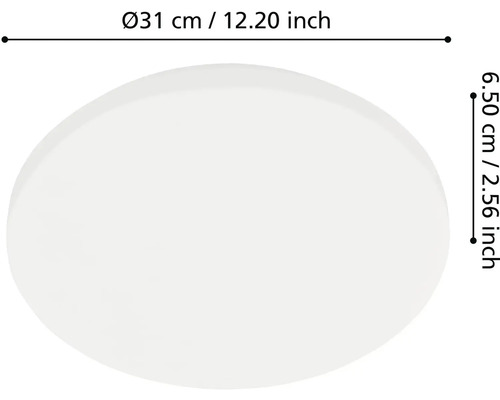 Rozměry kulatého stropního svítidla s průměrem 31 centimetrů nebo 12,20 palce a výškou 6,50 centimetru nebo 2,56 palce.