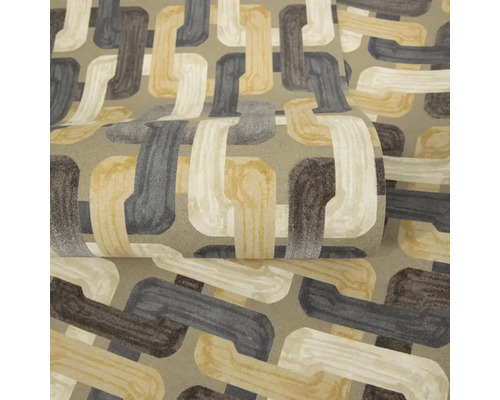 Tapeta s geometrickým vzorem propojených řetězových článků v béžové a šedé barvě.