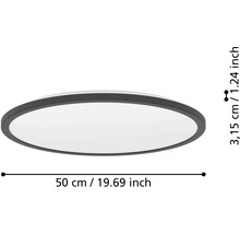 Kulaté stropní LED svítidlo s černým rámem, průměr 50 centimetrů, výška 3,15 centimetrů.