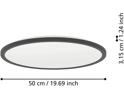 Kulaté stropní LED svítidlo s černým rámem, průměr 50 centimetrů, výška 3,15 centimetrů.