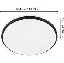 Kruhové stropní svítidlo s černým rámem, průměr 34 centimetrů a výška 7 centimetrů.