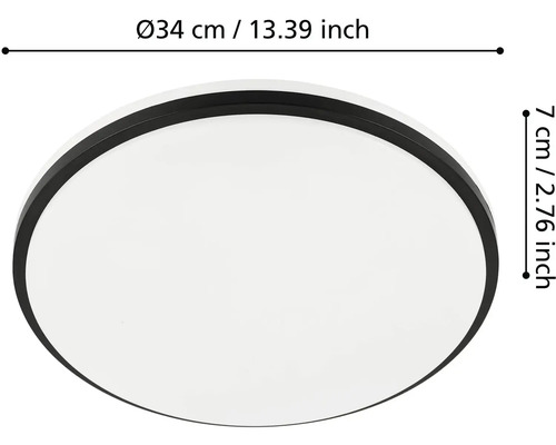 Kruhové stropní svítidlo s černým rámem, průměr 34 centimetrů a výška 7 centimetrů.