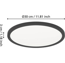 Kulaté, ploché LED stropní svítidlo s tmavým rámem, průměr 30 centimetrů, výška 3 centimetry.